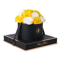 Noir Round Glow White and Yellow Preserved Roses