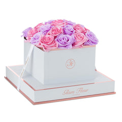 Blanche Square Baby Lily and Glow Pink Preserved Roses