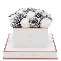 Blanche Square Metallic Silver and Glow White Preserved Roses