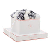 Blanche Square Metallic Silver and Glow White Preserved Roses