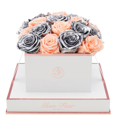 Blanche Square Peach and Metallic Silver Preserved Roses