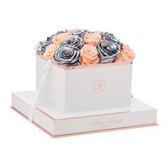 Blanche Square Peach and Metallic Silver Preserved Roses