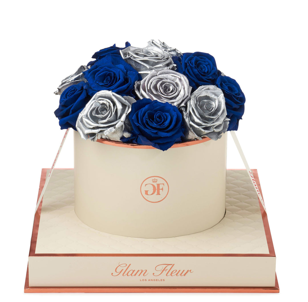 Blue Ocean and Metallic Silver Preserved Roses | Glam Fleur®