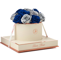 Montagé Round Blue Ocean and Metallic Silver Preserved Roses