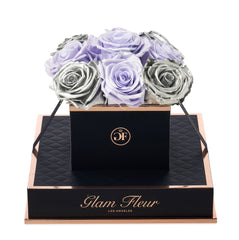 Noir Chic Metallic Silver and Glow Lavender Preserved Roses