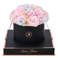 Noir Round Candy Rainbow and Baby Pink Preserved Roses