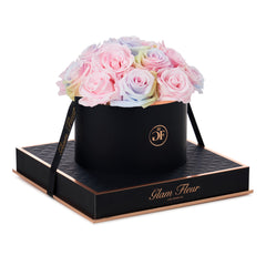 Noir Round Candy Rainbow and Baby Pink Preserved Roses