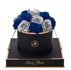 Noir Round Metallic Silver and Blue Ocean Preserved Roses