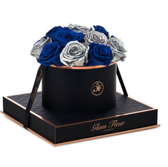 Noir Round Metallic Silver and Blue Ocean Preserved Roses
