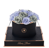 Noir Round Metallic Silver and Lavender Preserved Roses
