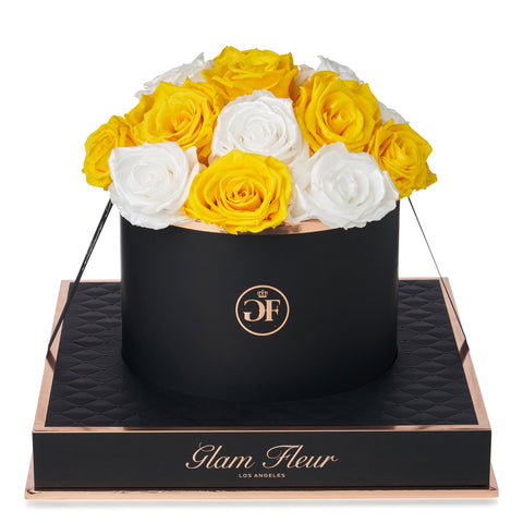 Noir Round Glow White and Yellow Preserved Roses