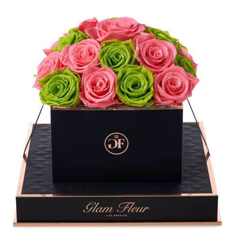 Noir Square Green and Light Pink Preserved Roses