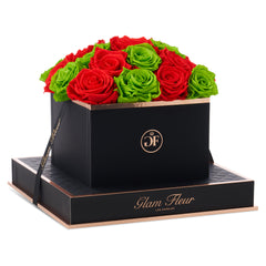 Noir Square Light Red and Green Preserved Roses