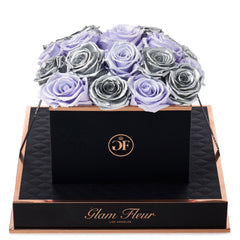 Noir Square Metallic Silver and Glow Lavender Preserved Roses