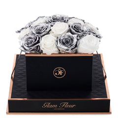 Noir Square Metallic Silver and Glow White Preserved Roses