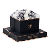 Noir Square Metallic Silver and Glow White Preserved Roses