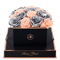 Noir Square Peach and Metallic Silver Preserved Roses